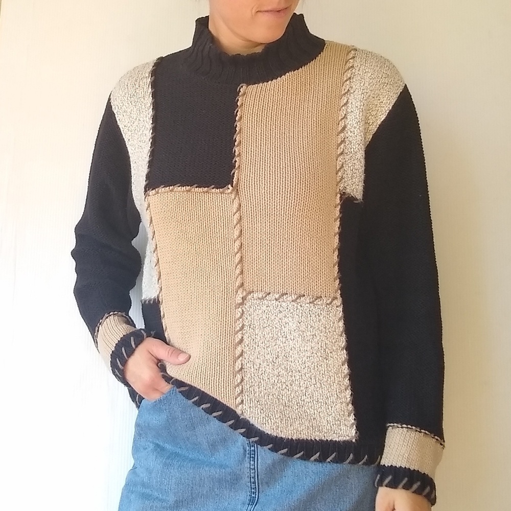 VINTAGE hand embroiderd neutral colorblock sweater - Picture 1 of 8